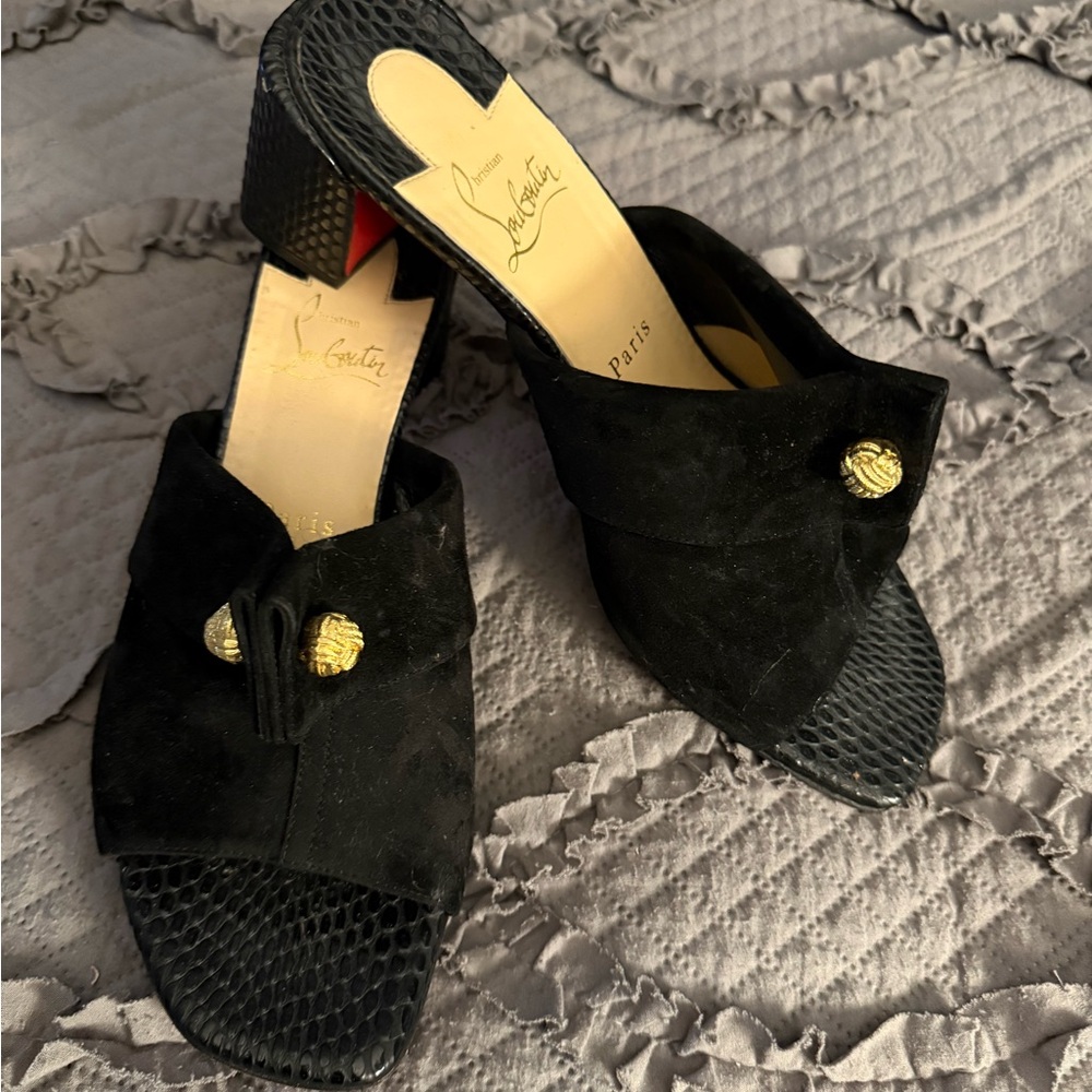 Christian Louboutin Black and Gold Textured Mules